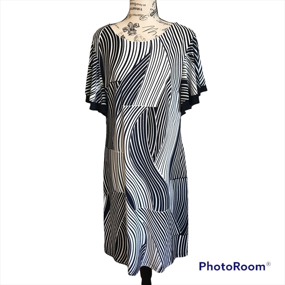 Tommy Hilfiger | Navy Blue White Dress Flounce Sleeve Geo Stripe | Size 12